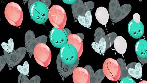 Animation-of-multiple-blue-and-pink-balloons-on-black-background