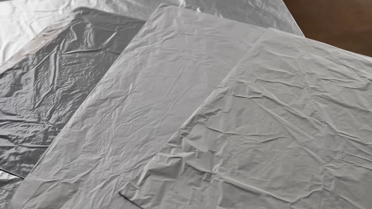 Close-Up of Crumpled Silver Foil Sheets Texture