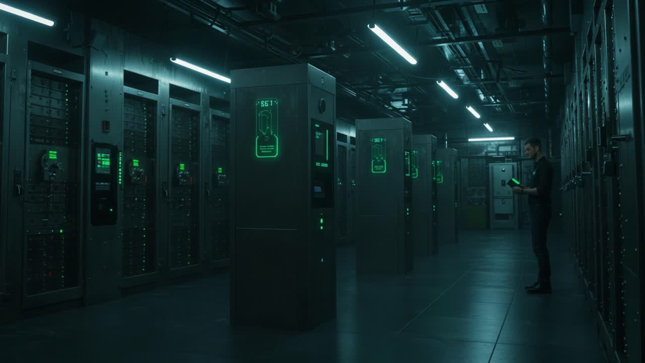 A lone figure stands in a vast room filled with rows of illuminated data servers, creating a mysterious atmosphere in a high-tech environment