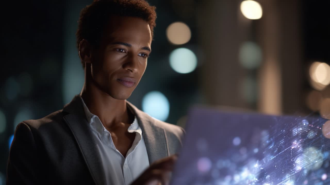 A focused individual examines futuristic digital data displayed on a holographic interface, showcasing advanced technology in a night-time urban environment