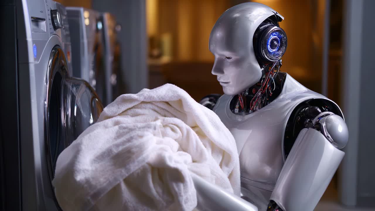 Robot humanoid zajmuje się praniem, prezentując zaawansowaną technologię robotyczną i cechy zbliżone do ludzkich w nowoczesnym domowym otoczeniu, koncentrując się na obowiązkach domowych.