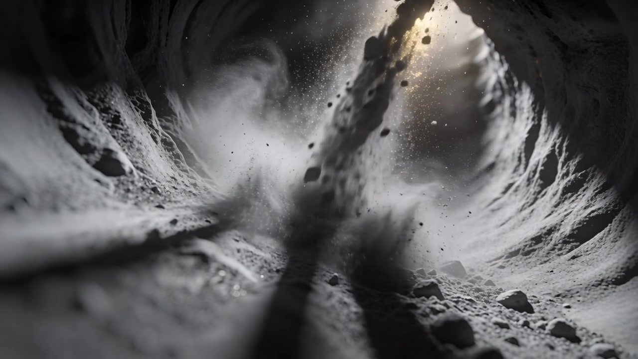 Shedding shaft sending pebbles down from bright opening, dust plumes hiding two parallel ridges