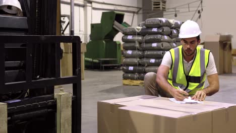 warehouse worker checking cardboard boxes for shipping