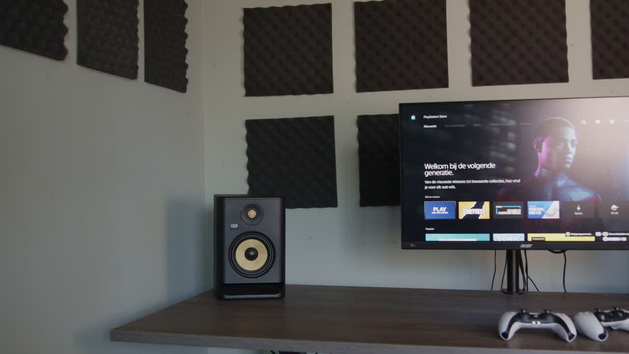 오후에 playstation 5 및 ps5 컨트롤러로 게임 설정, 느린 팬 와이드