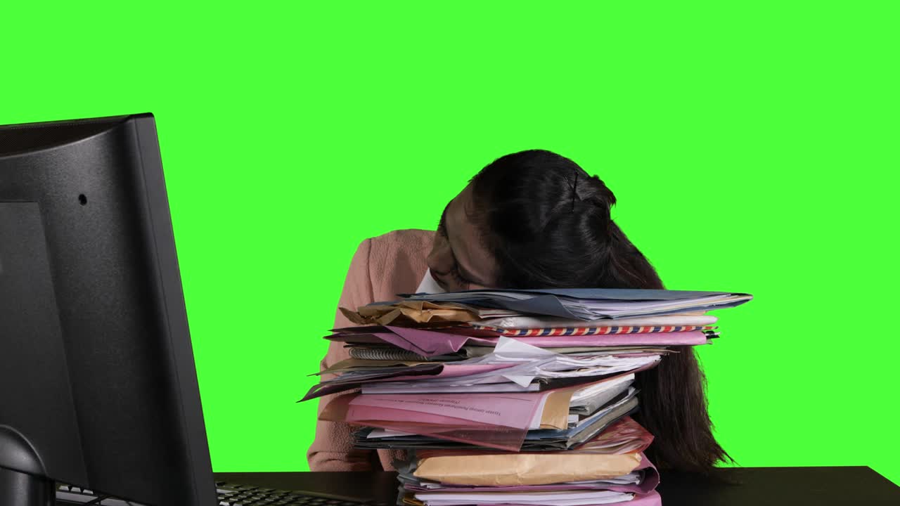 una mujer de negocios durmiendo encima de una pila de documentos.