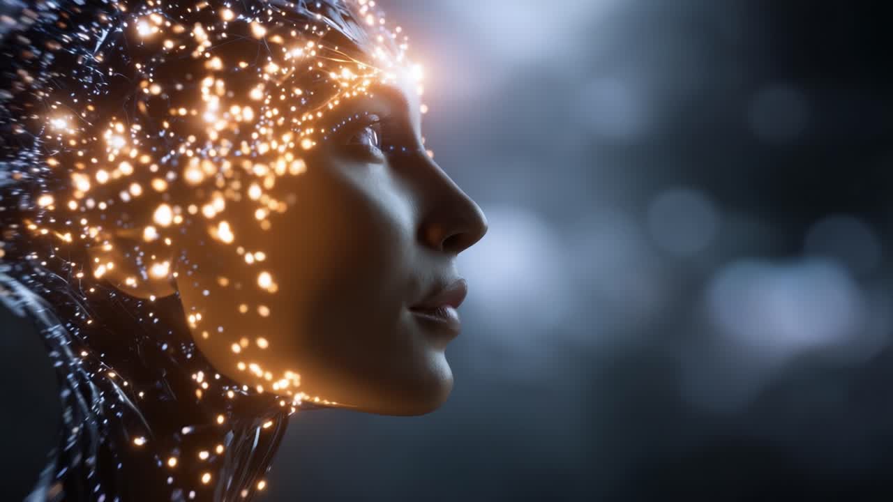 Rappresentazione eterea di un umanoide femminile con un copricapo tecnologico dotato di connessioni neurali illuminate, che simboleggia la fusione tra umanità e tecnologia