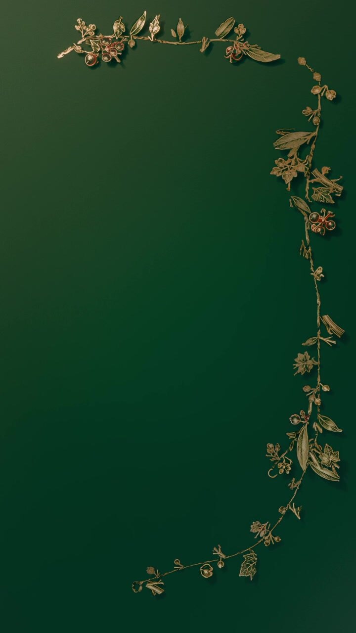 Vertical video: Frame start gold vine growing right side on deep green, forming border, copy space