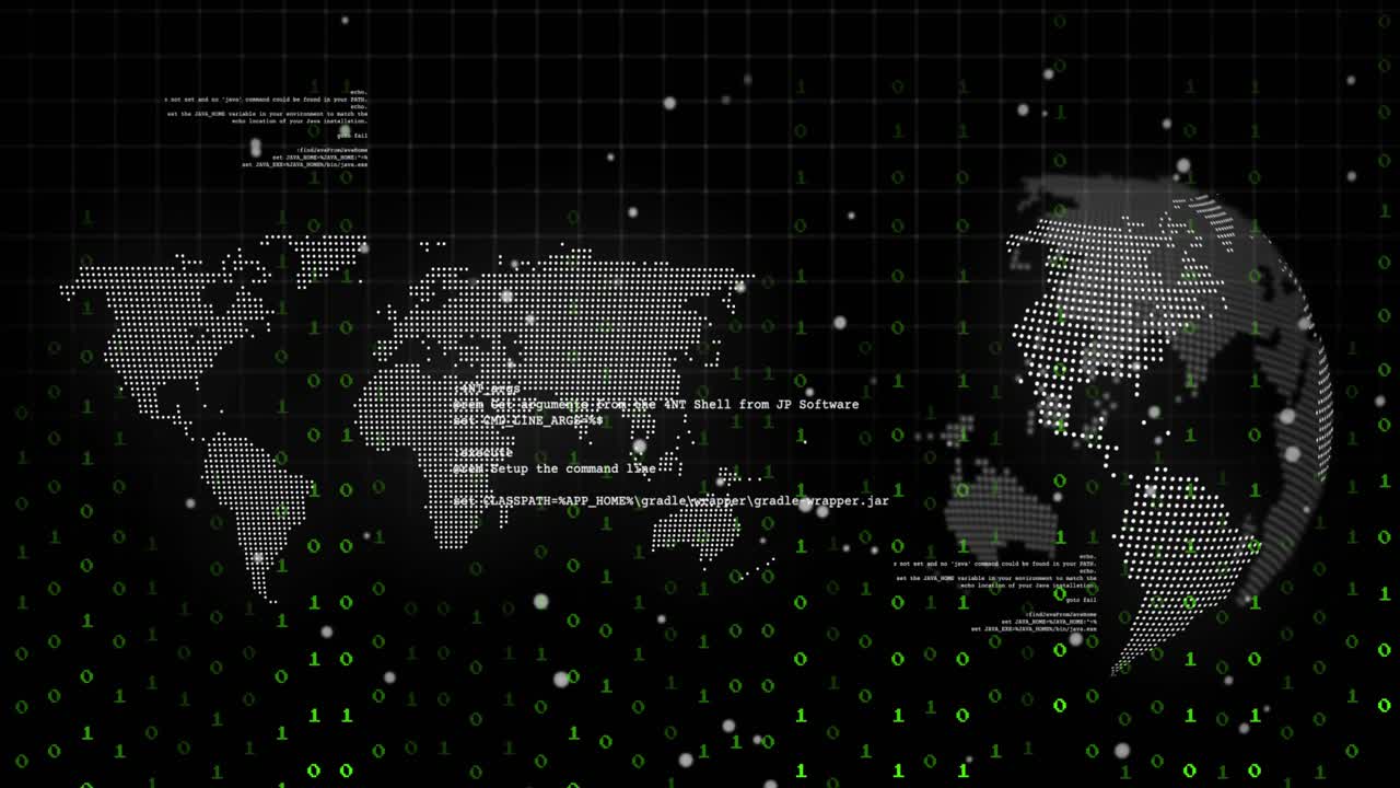 Starting map and rotating globe, streaming binary scrolling text and drifting dots for data display