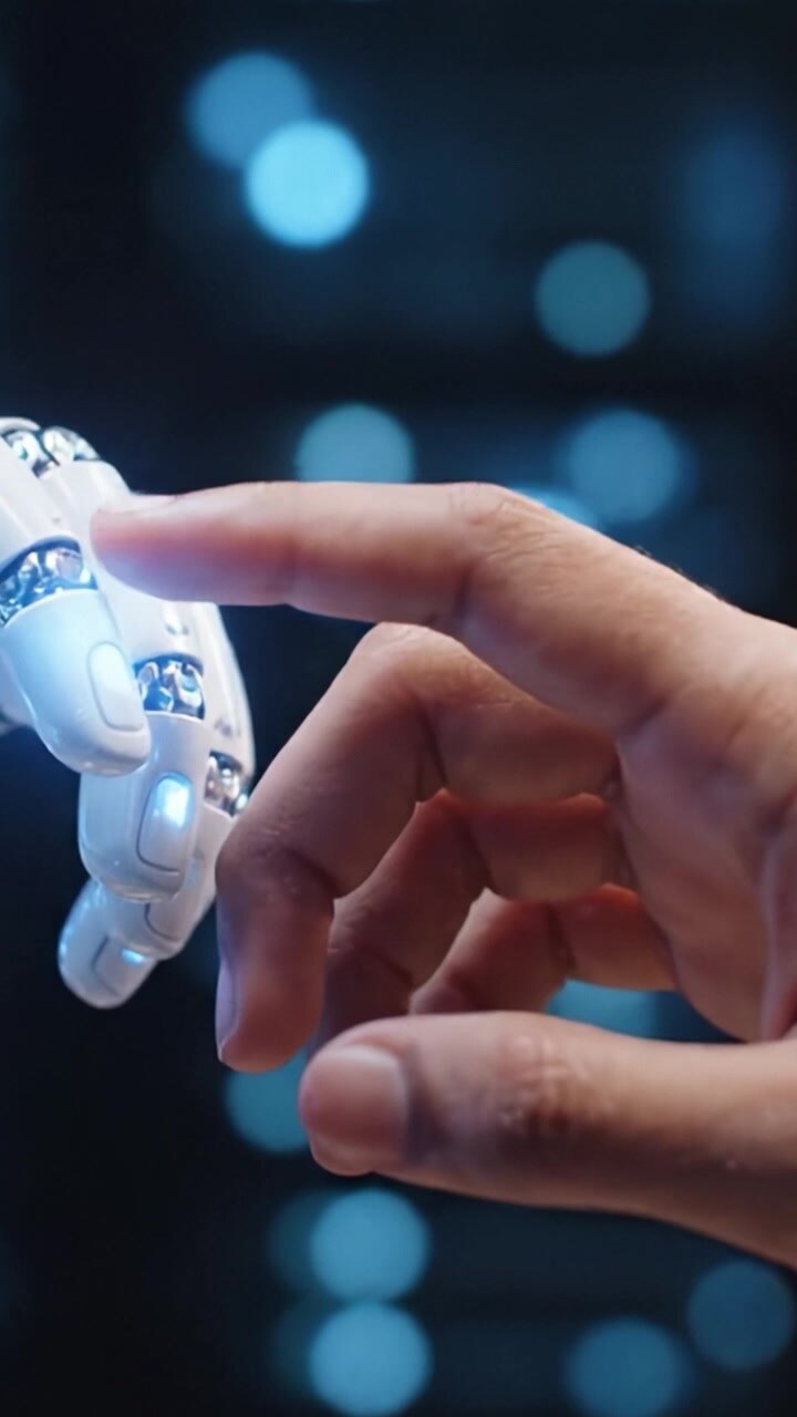 Un'interazione intrigante tra una mano umana e una mano robotica, che mostra la fusione di tecnologia e umanità in un mondo digitale moderno