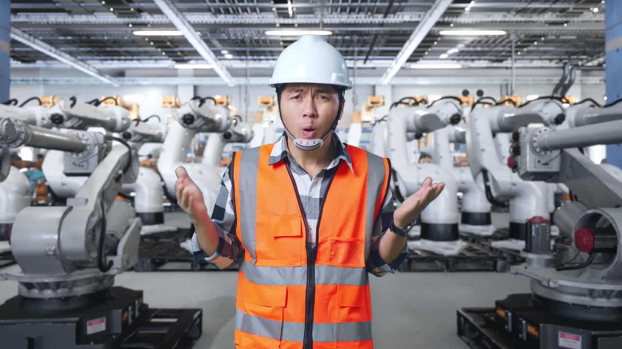 혼란스러운 공장 노동자가 산업 로을 마주하고 있습니다.