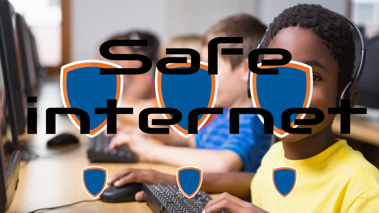 Animation of safety internet text over diverse children using computers