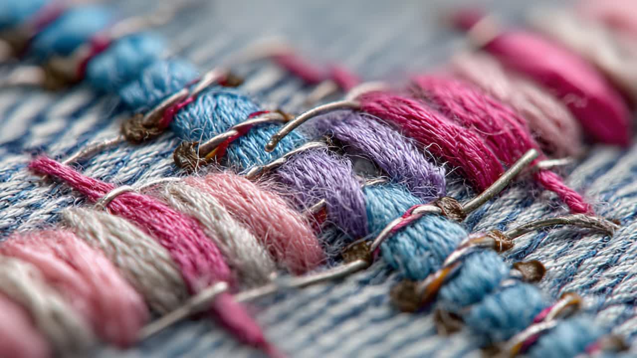 Close-Up Detail of Colorful Embroidery Threads on Fabric Highlighting Textures and Patterns in a Stunning Stitching Technique
