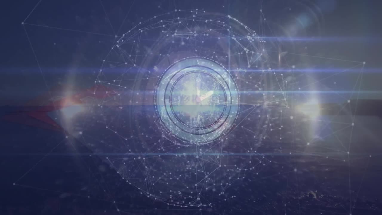 바다와 풍경에 대한 연결 네트워크의 네온 티킹 시계와 글로브의 애니메이션