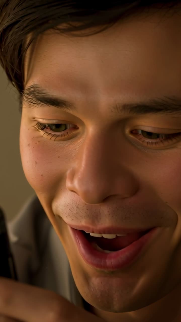 Angolo del telefono che entra nell'inquadratura, uomo che apre gli occhi, sorride, reagisce a un messaggio in primo piano.