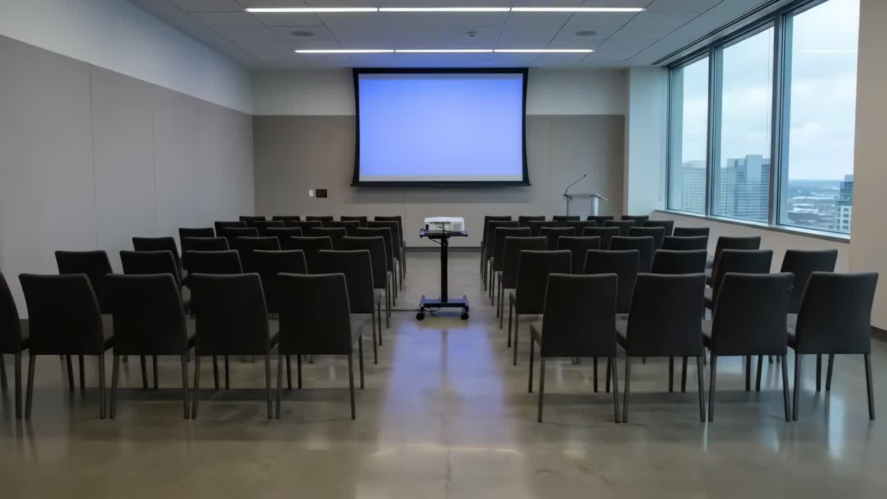 Tomt moderne konferanserom med projektor og lerret