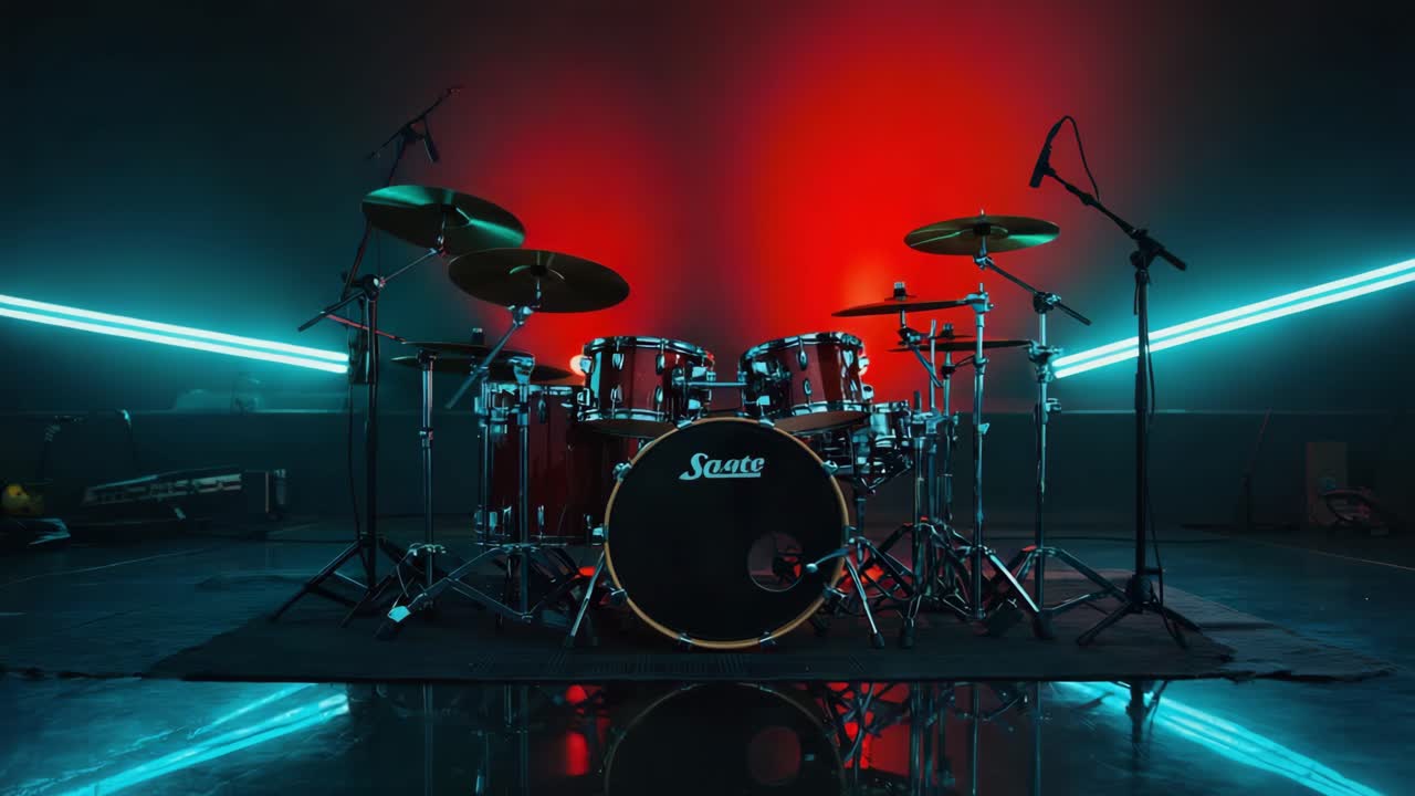 Batteria sul palco con illuminazione al neon