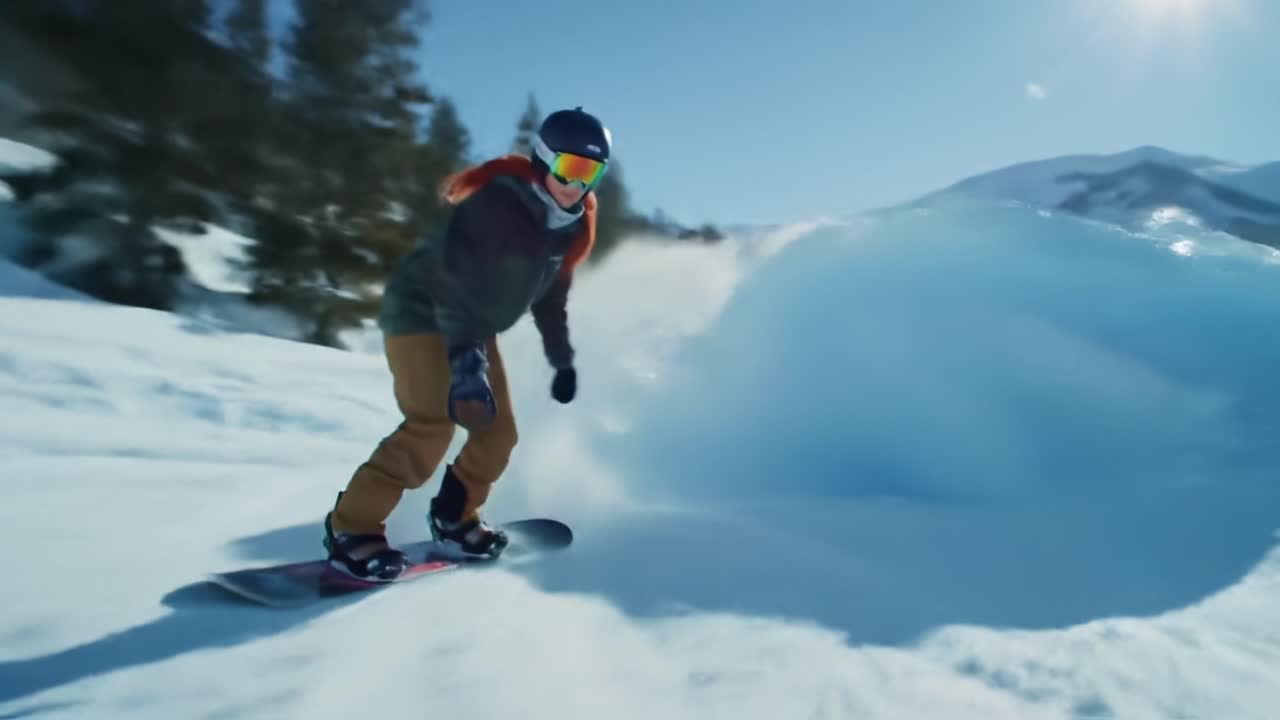 Woman Snowboarding Down a Mountain Slope