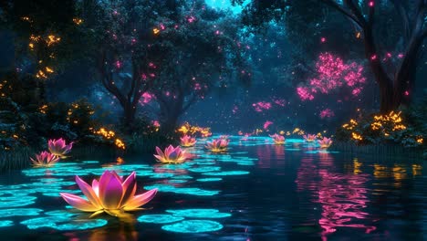 neon glowing forest river scene