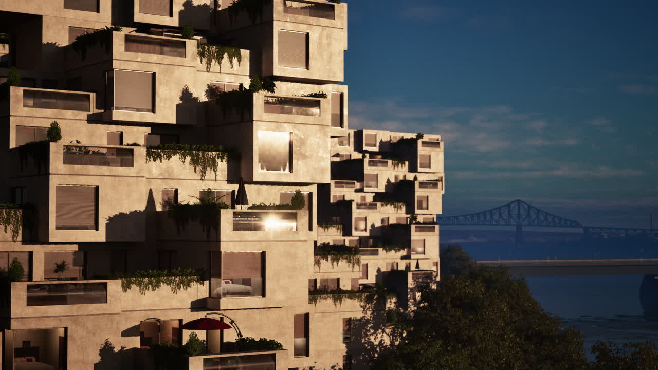 발코니 와 다리 의 전망 을 가진 현대적 인 콘크리트 아파트 건물