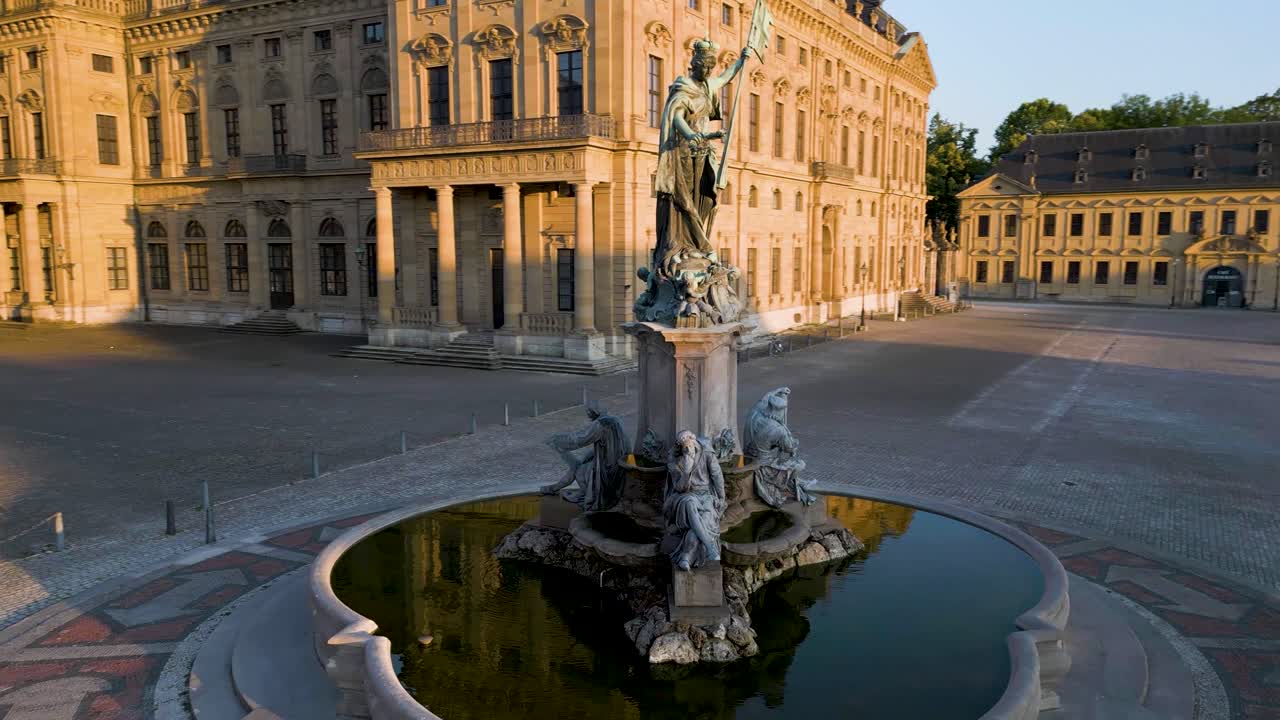 4K Aerial Drone Video of Historic Residence Palace and Franconia Fountain in Würzburg, Germany