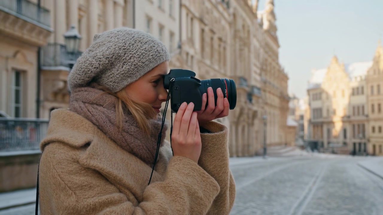 Fotografa caucasica su strada innevata, avvolta in cappotto di lana e berretto, che tiene fotocamera e obiettivo, inquadrando.