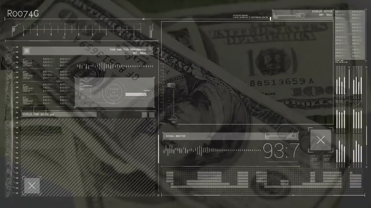Animazione di elaborazione di dati su banconote di dollari americani.