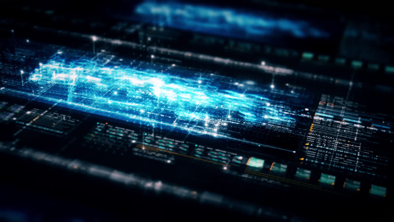 Futuristic abstract de-focus flowing data matrix, meta, metaverse, telemetry and encrypt numbers display with particles simulation in cyber space environment for head up display background-28