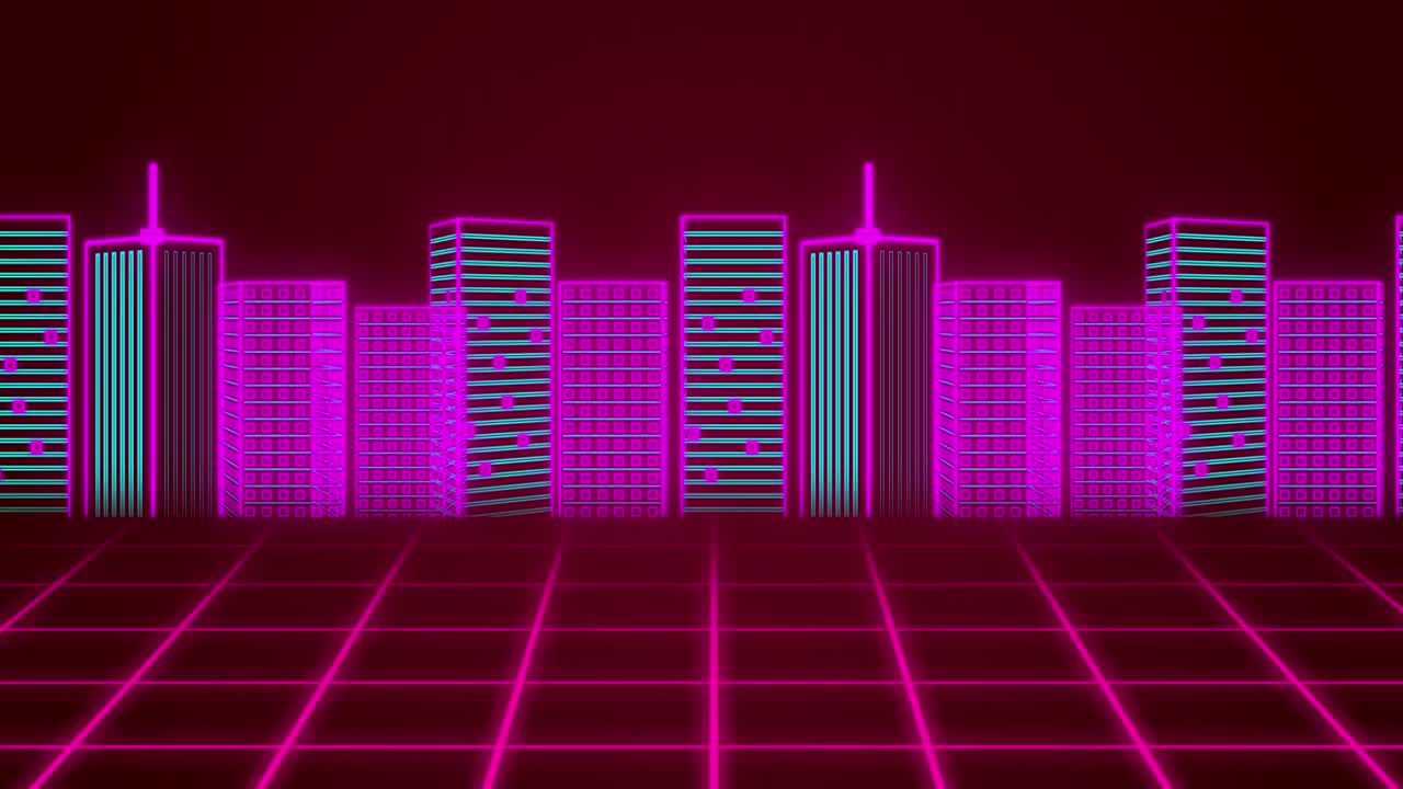 animación de un paisaje urbano en 3d dibujado en rosa y verde y rosa