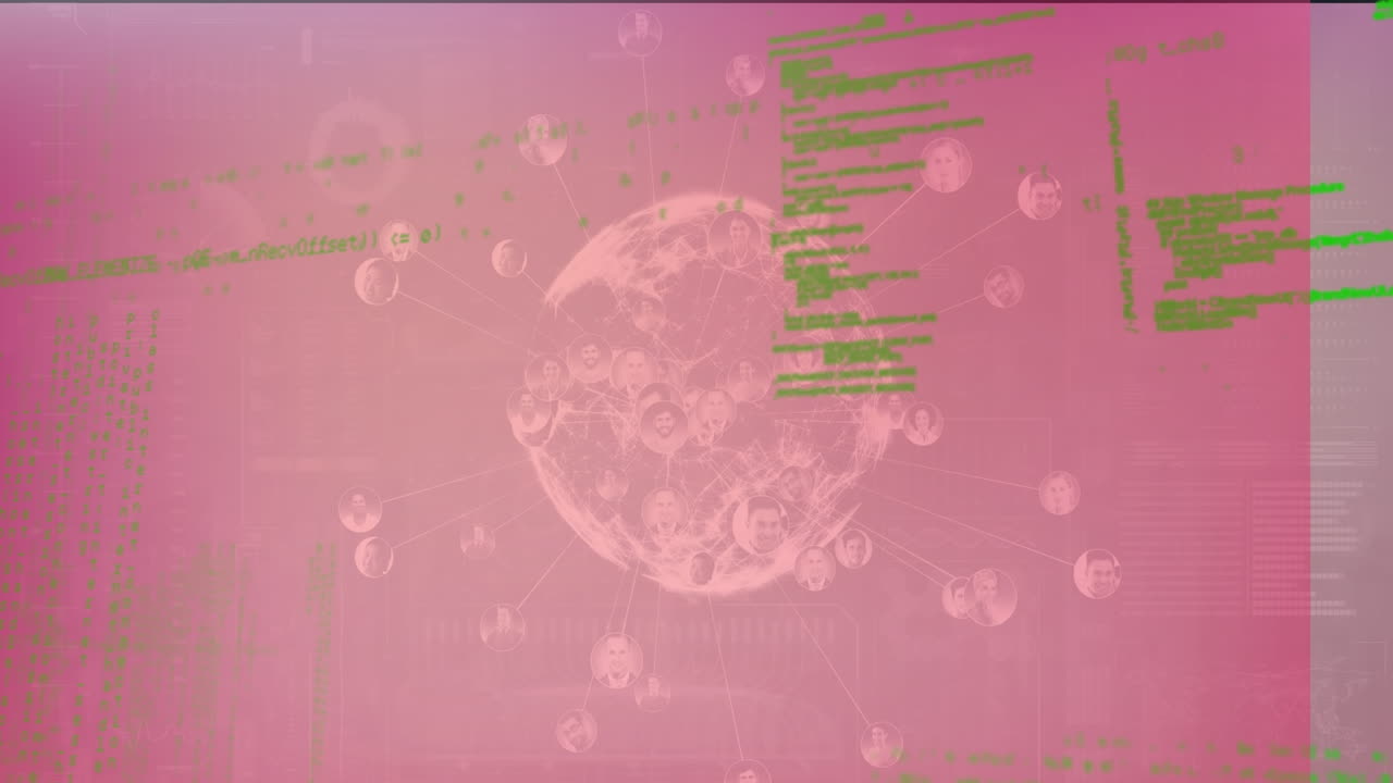 Animation of data processing, globe and connections on pink background