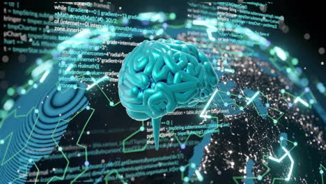 Animation of ai brain and data processing over globe background