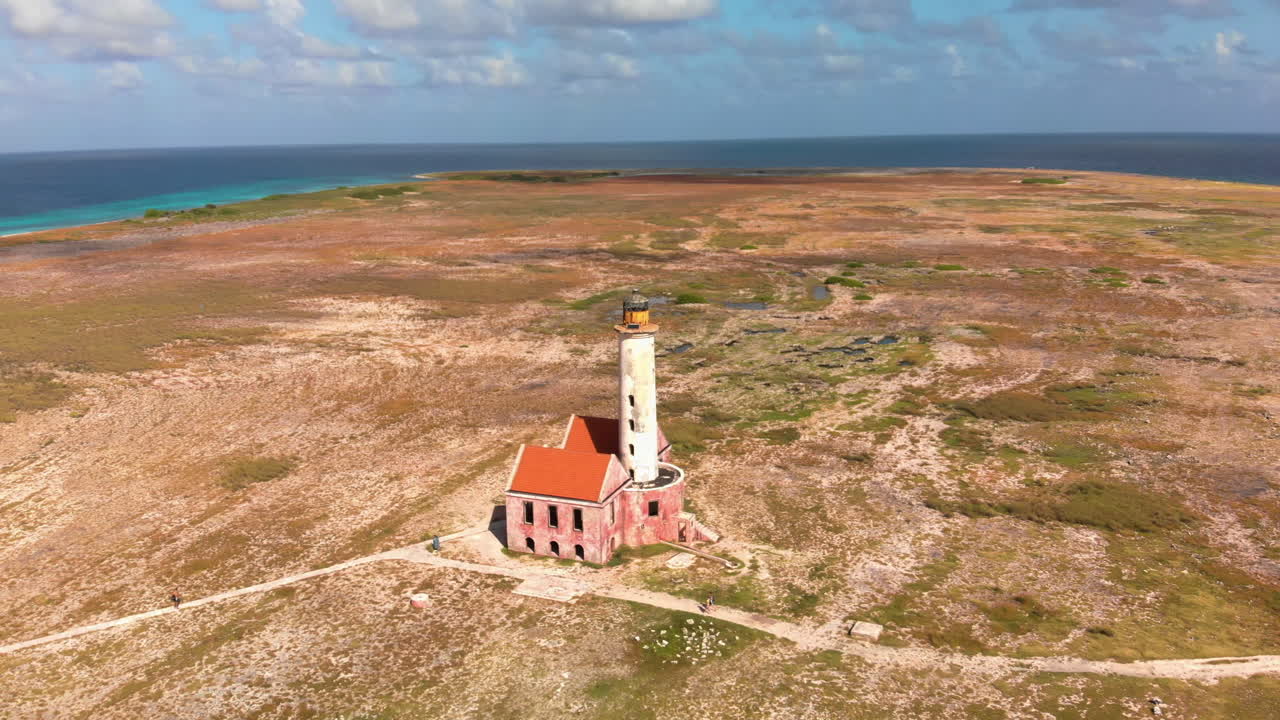 The Klein Curaçao lighthouse rotational aerial view, high overview of the island of Curacao