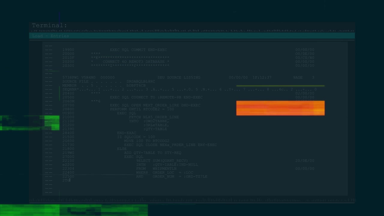 Animation of data processing on screen on dark blue background