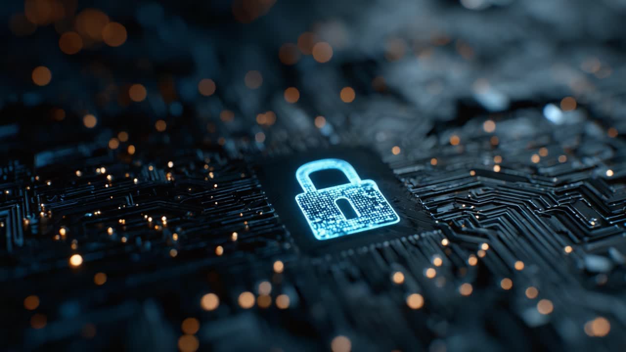 A High-Tech Digital Lock Symbolizing Cybersecurity: An Intricate Close-Up of a Circuit Board with a Biometric Security Icon Illuminated Against a Network of Data Lights