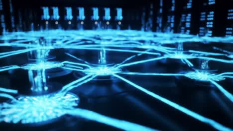 futuristic digital network with glowing connections and pulsating nodes, showcasing modern technology and data flow in a high-tech environment