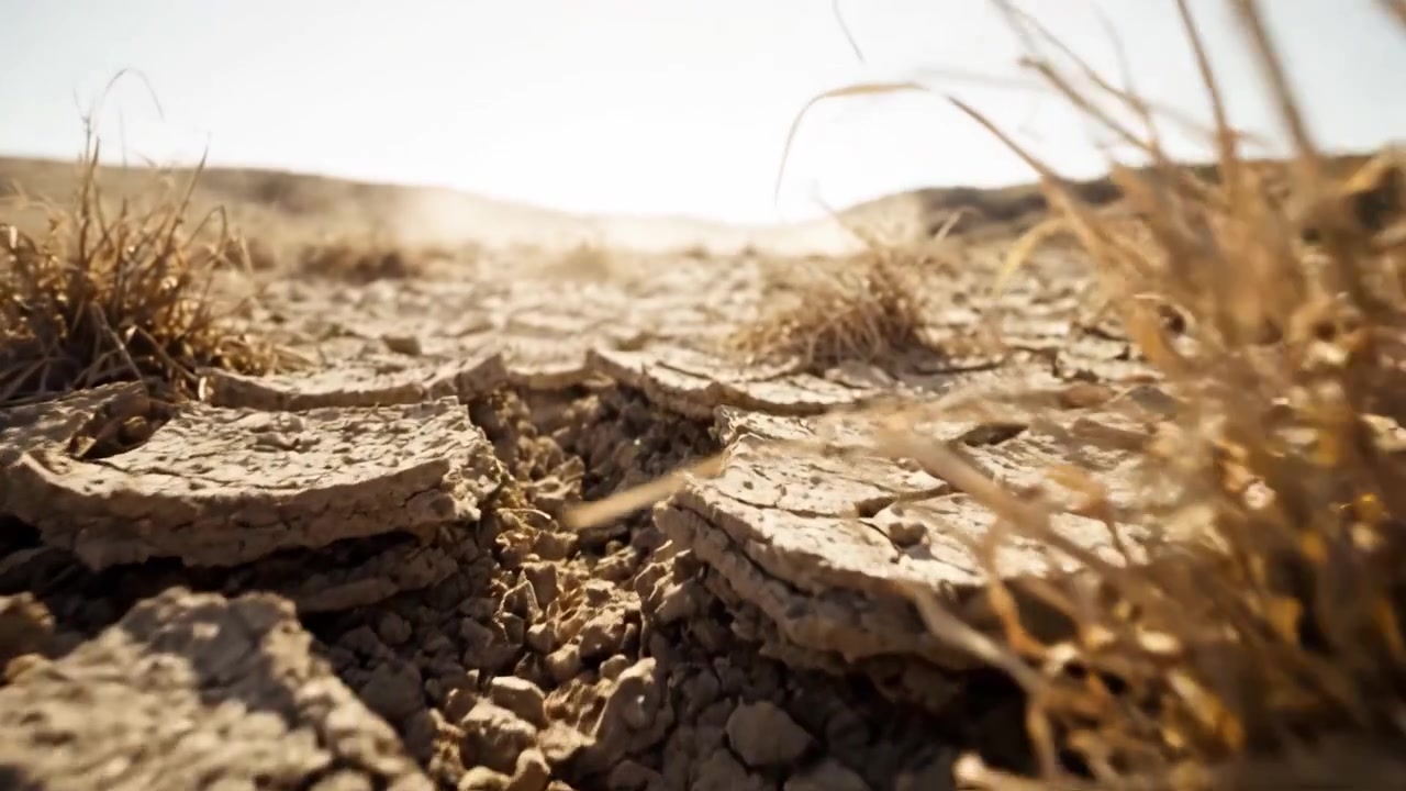 Desolate Landscape: A Close-Up View of Parched Earth with Cracked Soil and Sparse Vegetation, Highlighting the Effects of Drought and Climate Change on Natural Environments