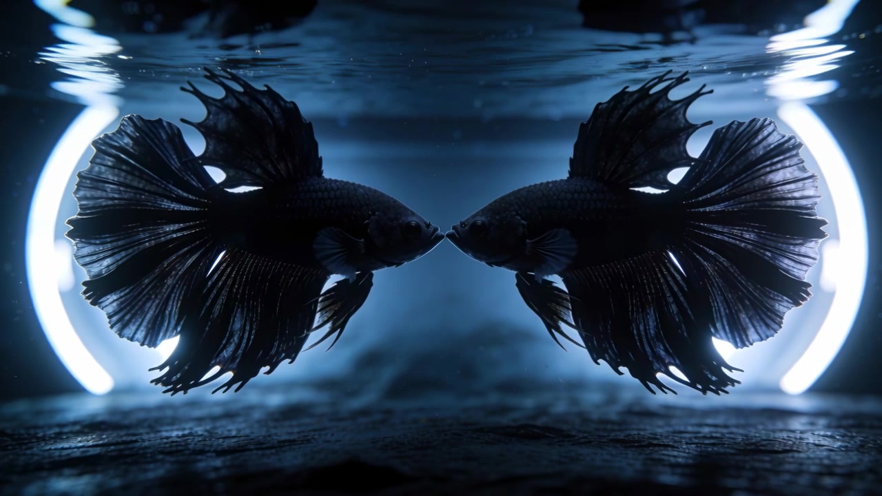 Reacting to glowing ring lights, two dark betta fish fanning fins toward center in tank, signaling