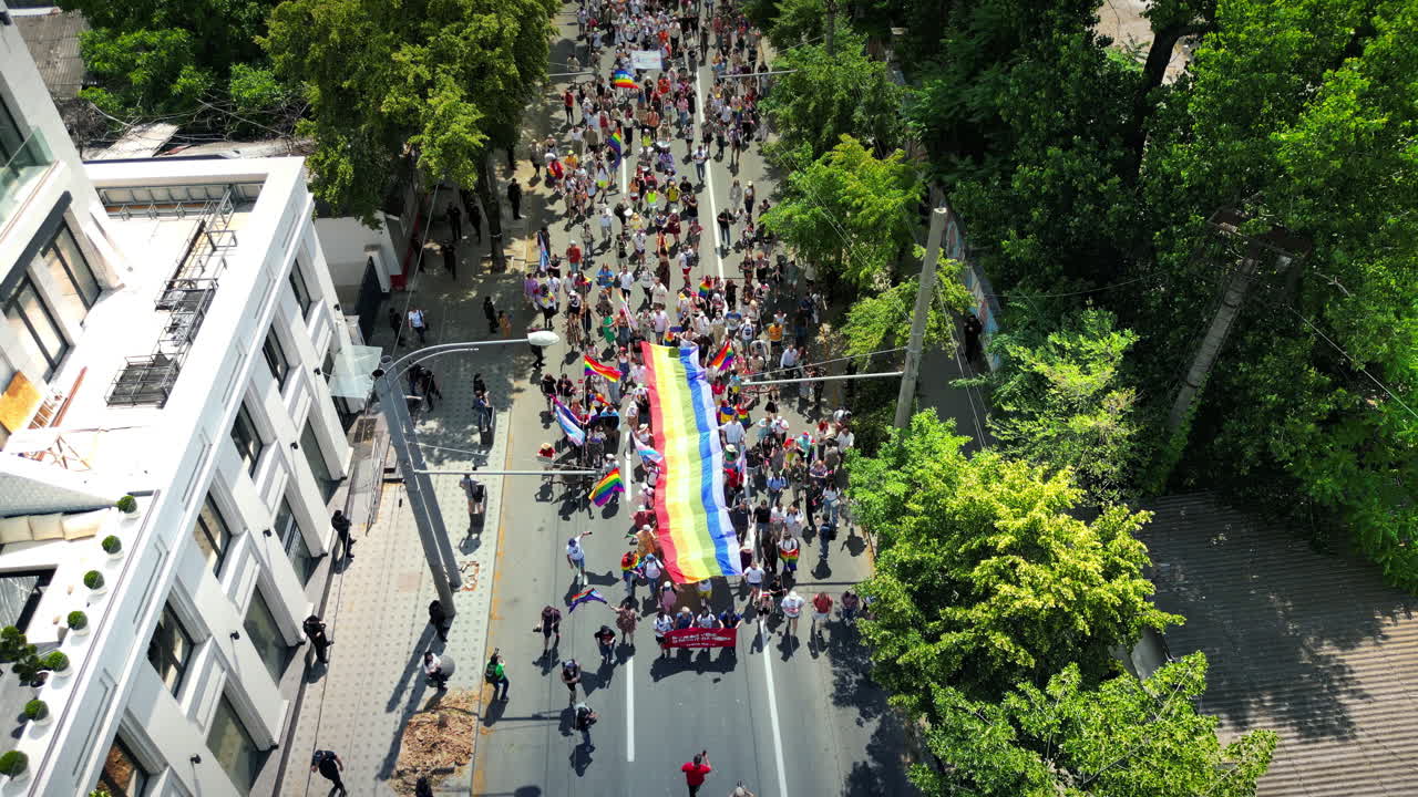 CHISINAU, MOLDOVA - 18 JUNE, 2023: Aerial drone view of the rally in support LGBT community