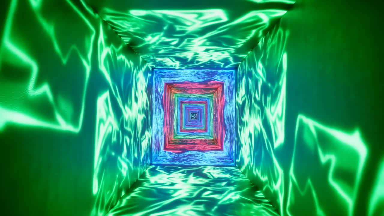 Neon Kaleidoscope Tunnel Swirling Glow Fluid Motion Psychedelic Visuals Leading Into Infinite Mirrored Portal,