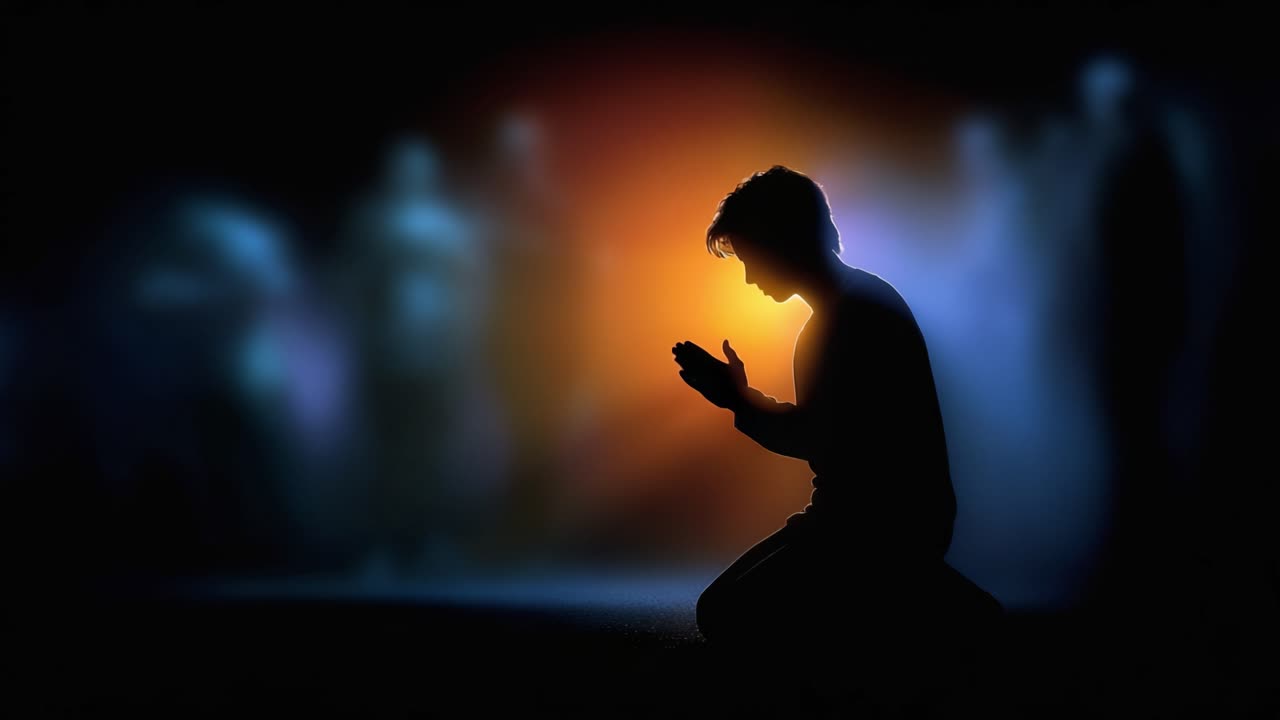 A Contemplative Moment: A Silhouetted Figure in Prayer Amidst a Mystical Background of Shadows and Light, Conveying Emotions of Reflection and Solitude