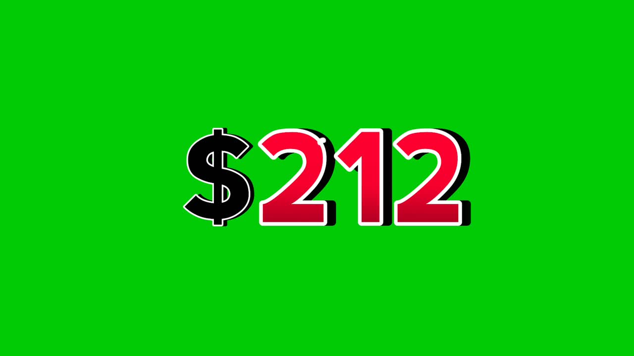 Animazione numero $212 grafica in movimento con effetto fumo, sfondo verde, numeri rosso acceso. Video con effetto 3D e ombre per elementi video, concetto di business
