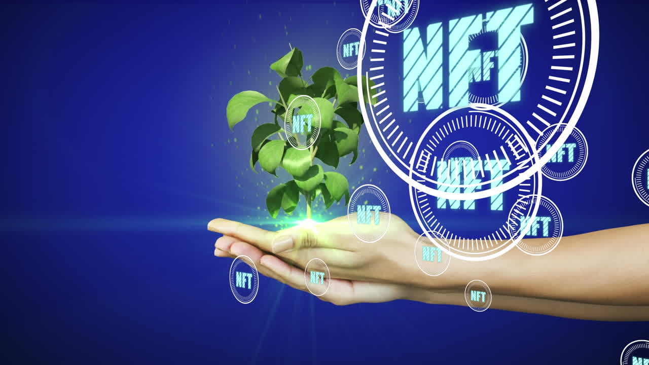 어두운 배경에서 나무와 데이터 처리를 가진 손의 애니메이션