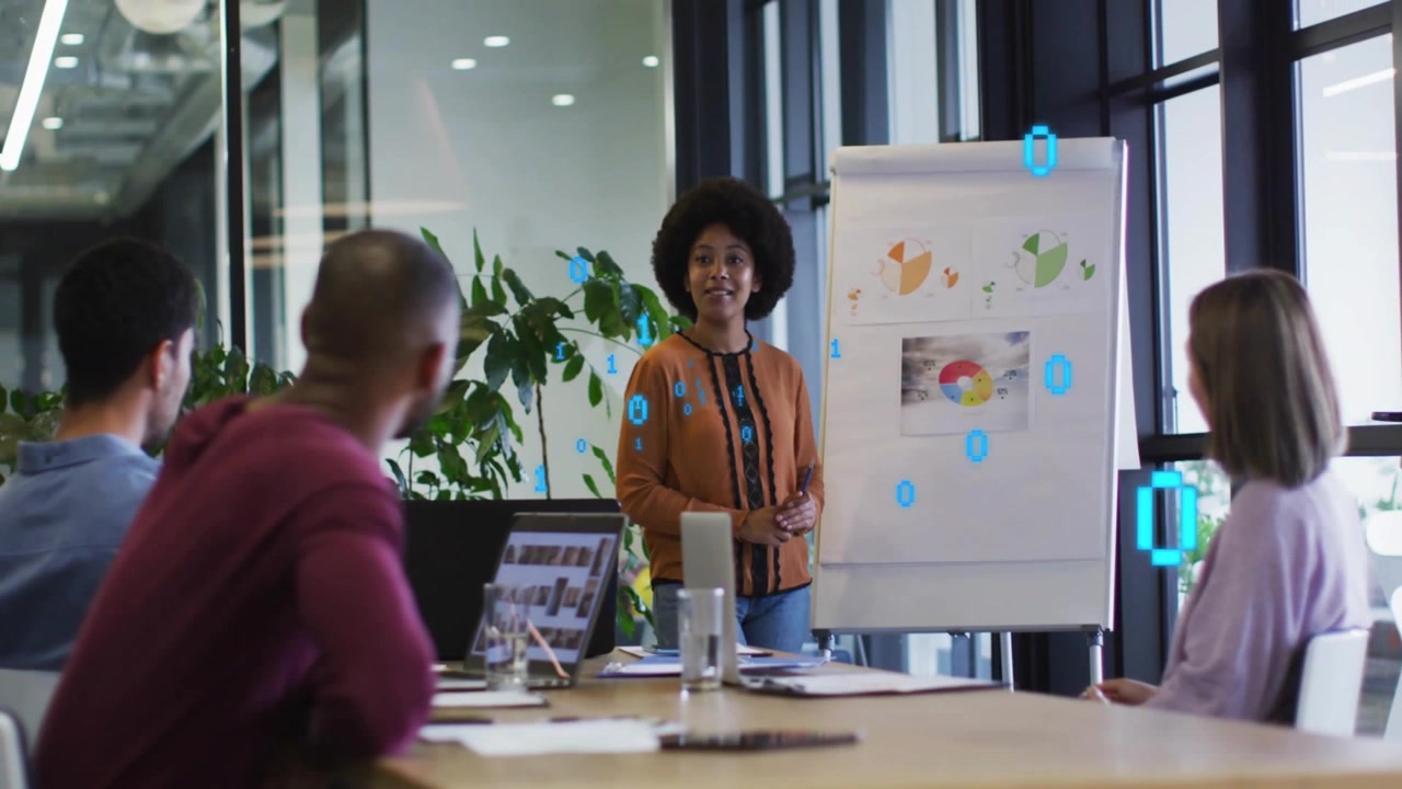 Host gesturing at chart speaking and showing moving binary overlay over host, guiding business team