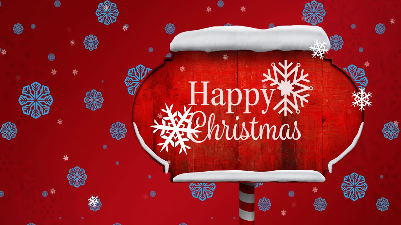 크리스마스 축하 문자와 함께 나무 표지판 위에 떨어지는 눈송이의 애니메이션