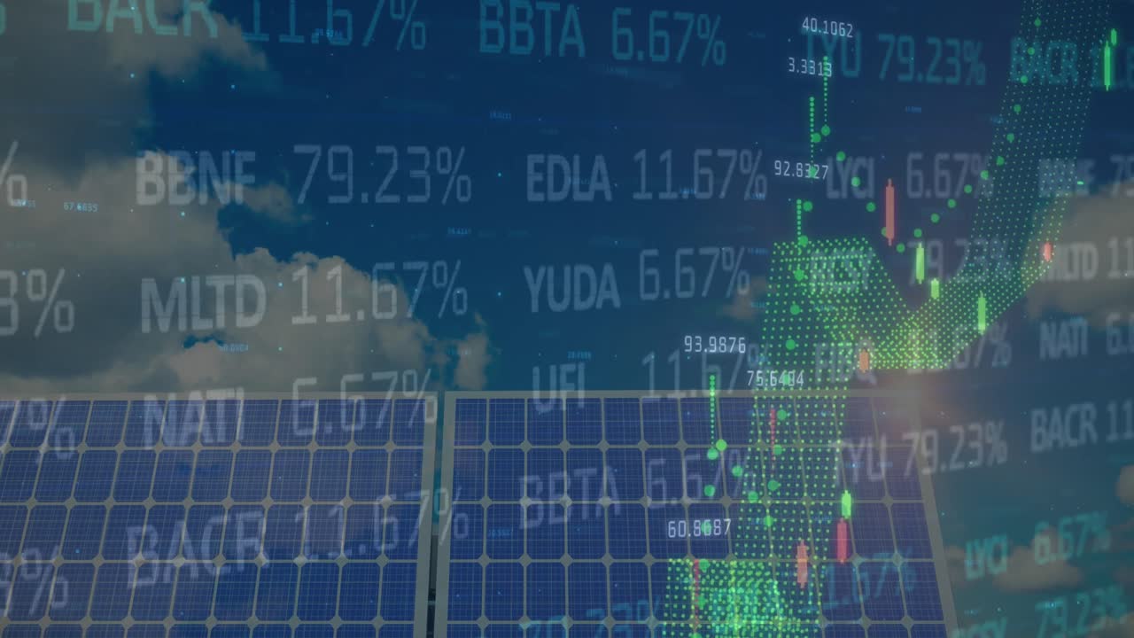 태양열 패널 위의 금융 데이터와 그래프의 애니메이션