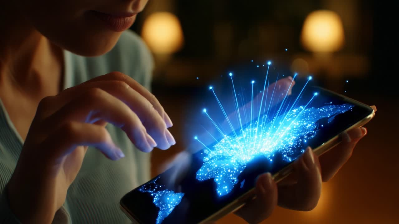 A close-up view of a person interacting with a smartphone displaying a glowing digital map, showcasing connections and networks, highlighted by vibrant blue particles illustrating technology and innovation