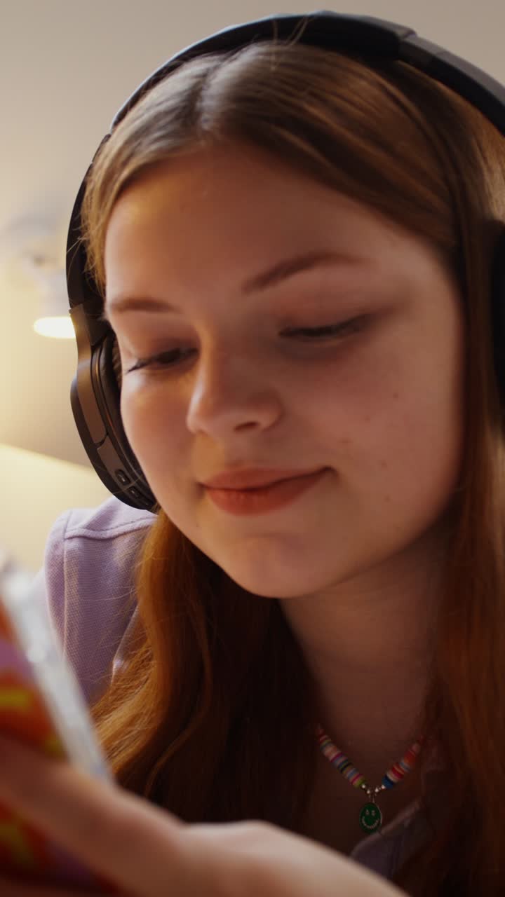 Teenage Girl Relaxing and Listening to Music in Bed
