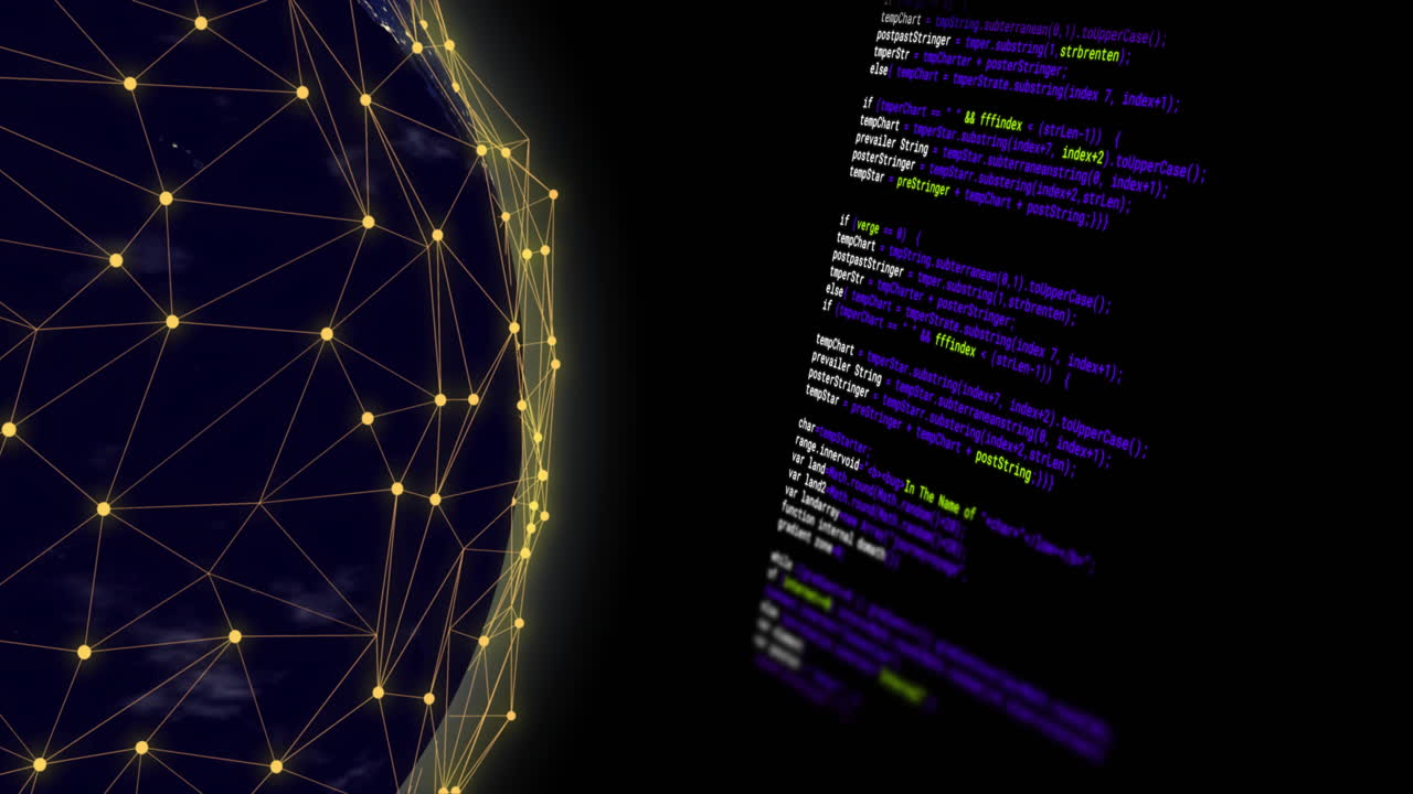 Animation of digital data processing and globe with connections over black background