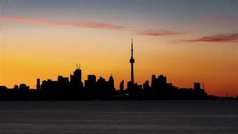 the skyline of toronto at sunrise as seen from humber bay park