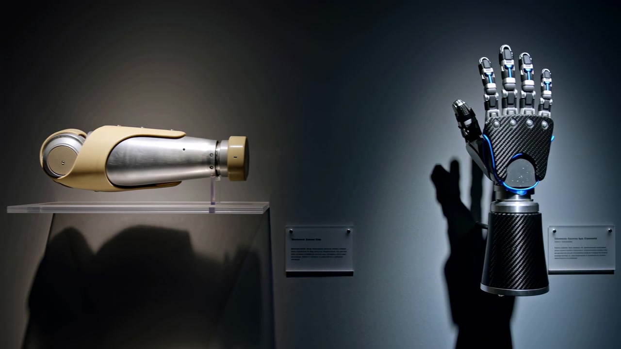 Slow rightward pan moves from an aged wooden prosthetic leg to a streamlined artificial arm and mechanical hand, each presented with wall labels under focused gallery lighting.