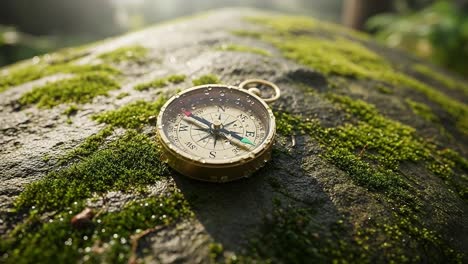 a close-up view of an elegant, water-dropped compass resting on vibrant green moss, inviting exploration into nature's breathtaking landscape